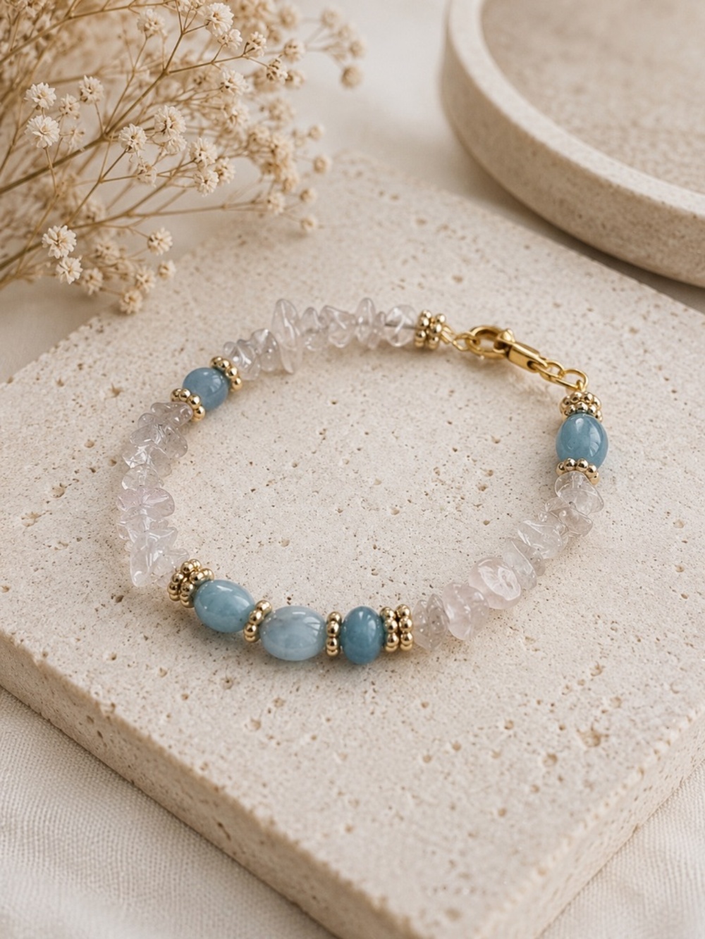 Rose Quartz and Aquamarine Natural Handmade Bracelet Pink and Blue Gold 7.5"